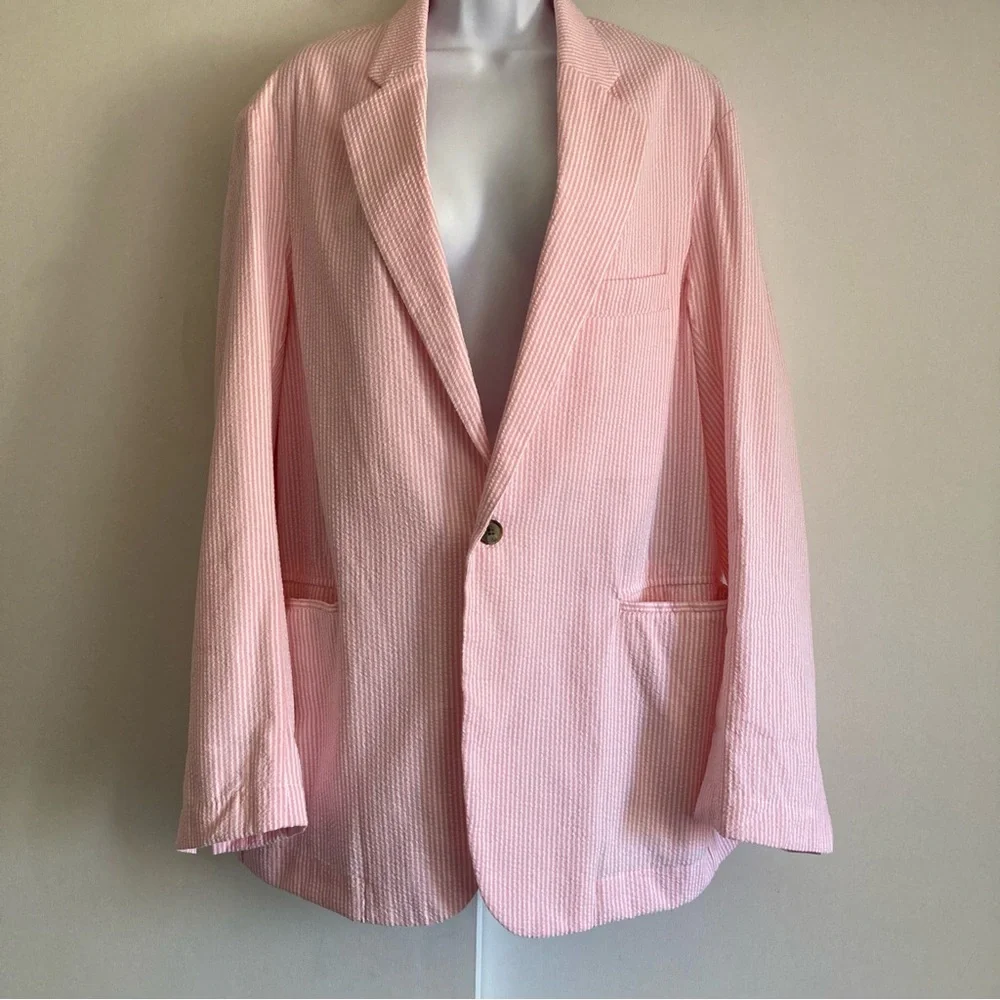 Denimist Pinstriped Pink Seersucker Deconstructed Oversized Blazer, XS Runs Big - Picture 4 of 14